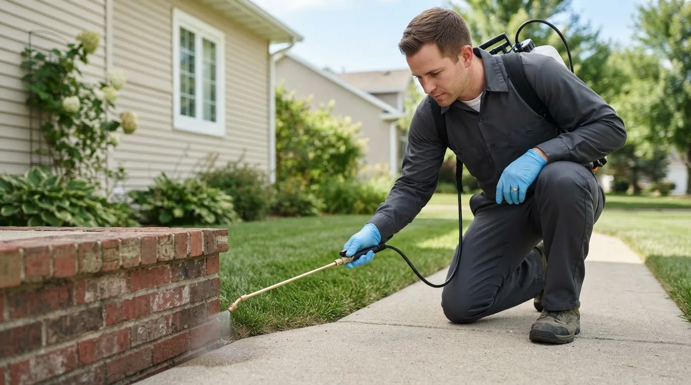 Pest control technician treating a home near Dennis Port, MA